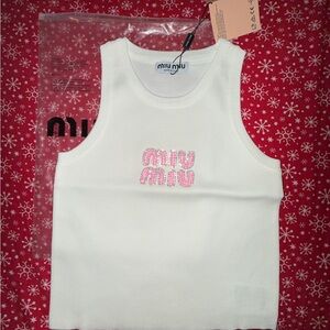 Miu Miu White Tank with Pink Embroidery